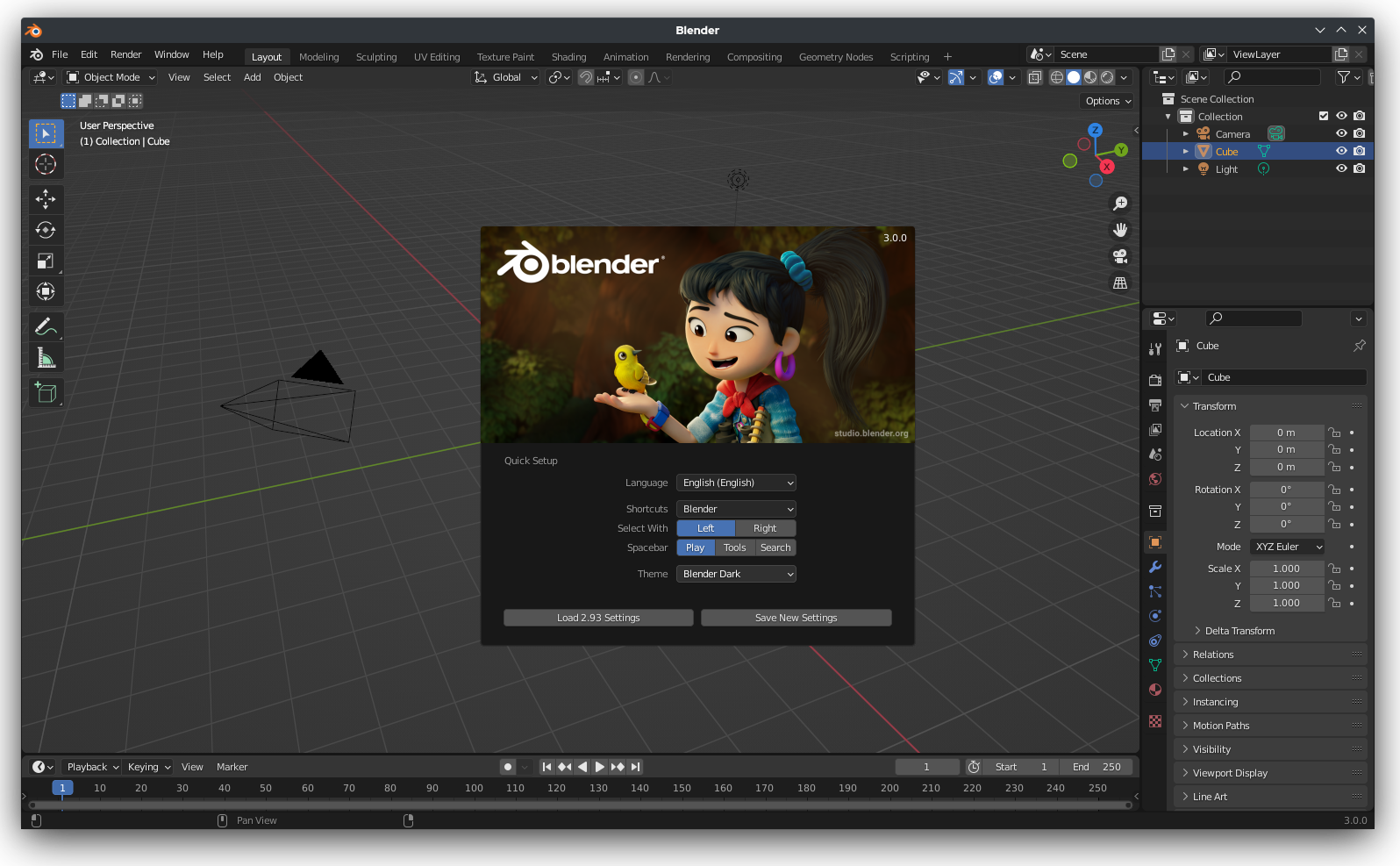 Blender default scene — modeling workspace ready for mesh edits.