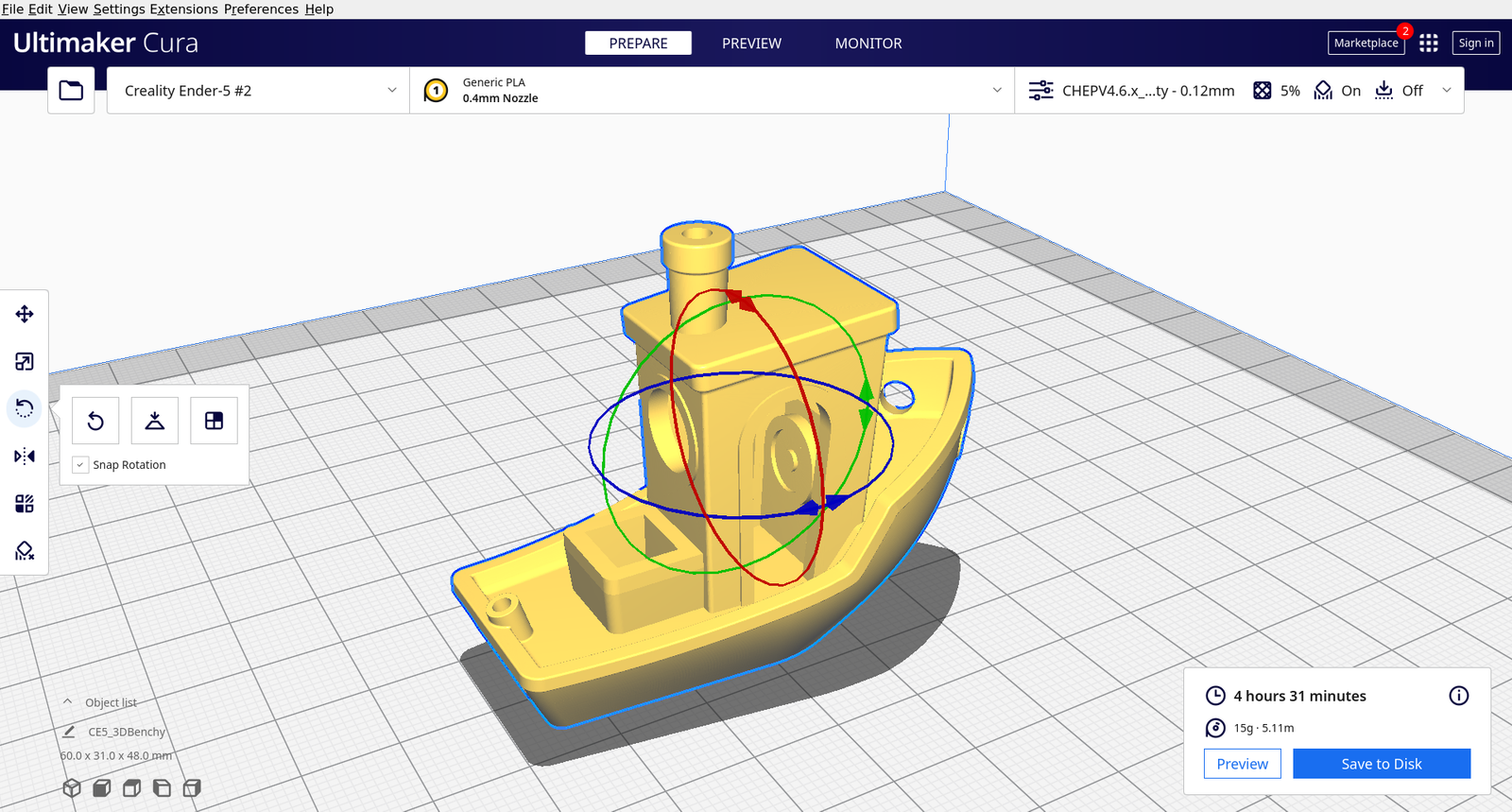 Prepare view in Cura — position and scale the model before slicing.