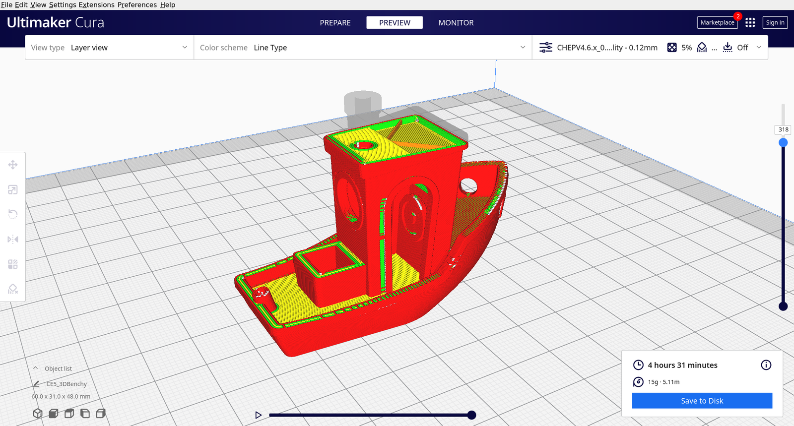 Layer preview after slicing — verify walls, infill, and supports before printing.