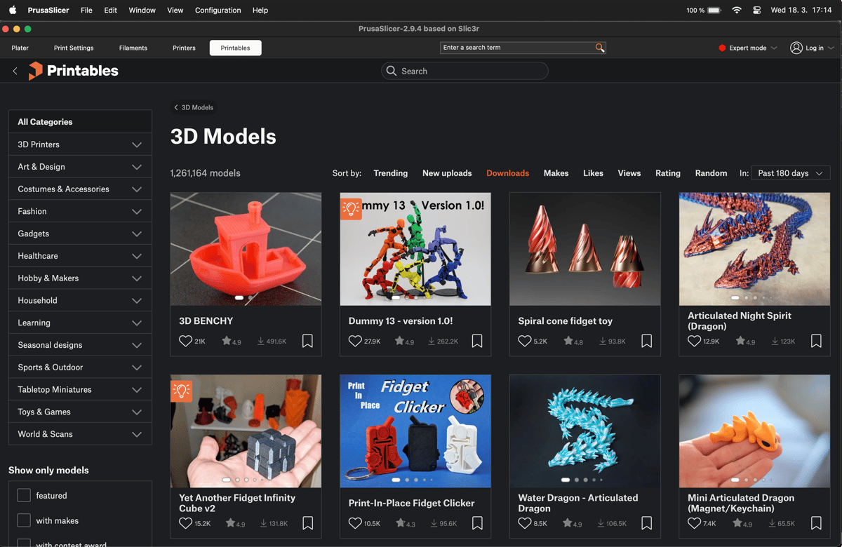 PrusaSlicer with the Printables browser — browse and slice in one window.