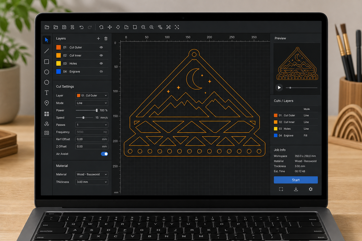 Laser CAM software workspace with vector cut paths