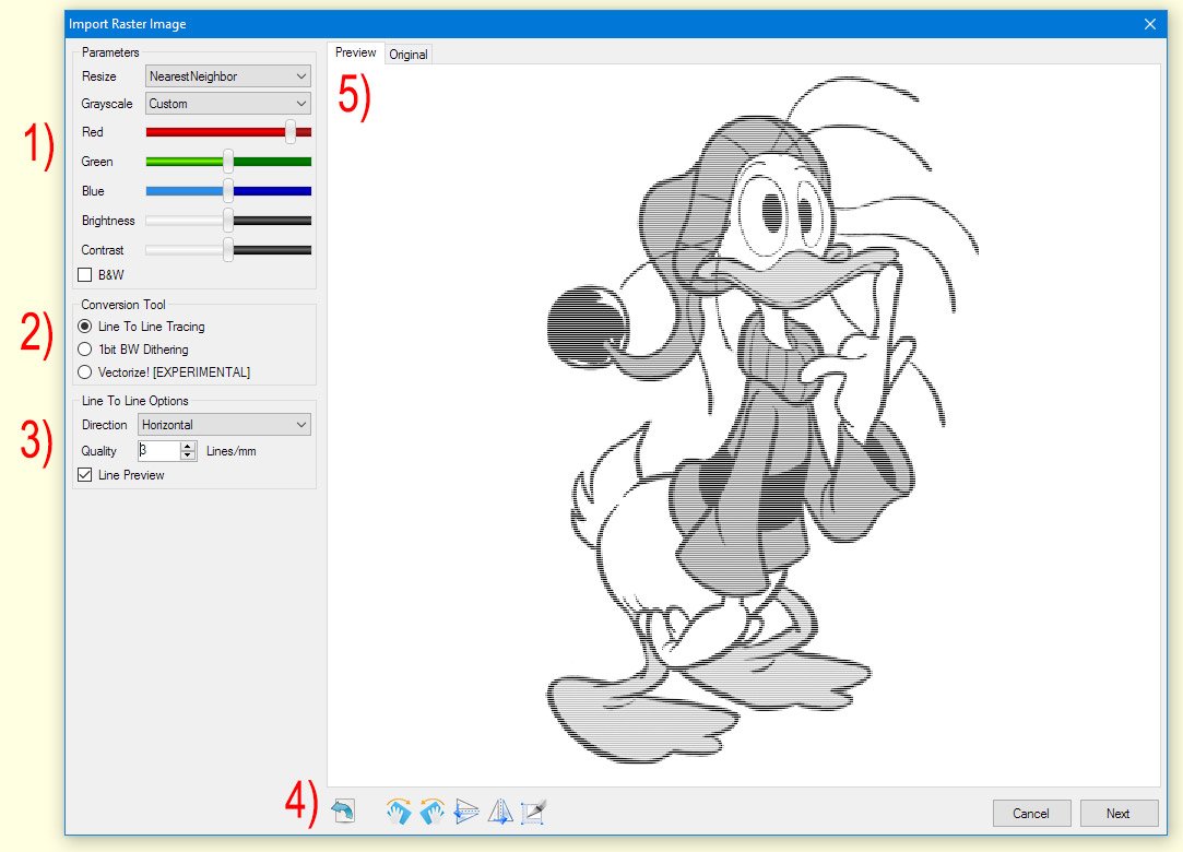Raster image import dialog — official LaserGRBL documentation.
