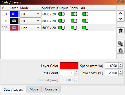 Cuts / Layers window — speed, power, and layer list (LightBurn docs).