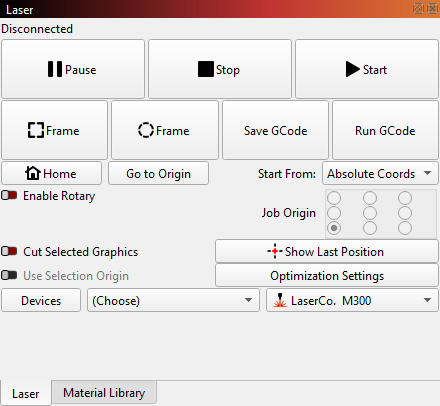 Laser Window — frame, start, and device controls (LightBurn docs).