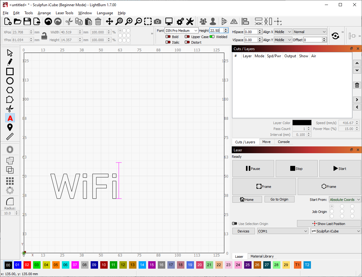 First-project style layout in LightBurn — text placed on the workspace (official docs).