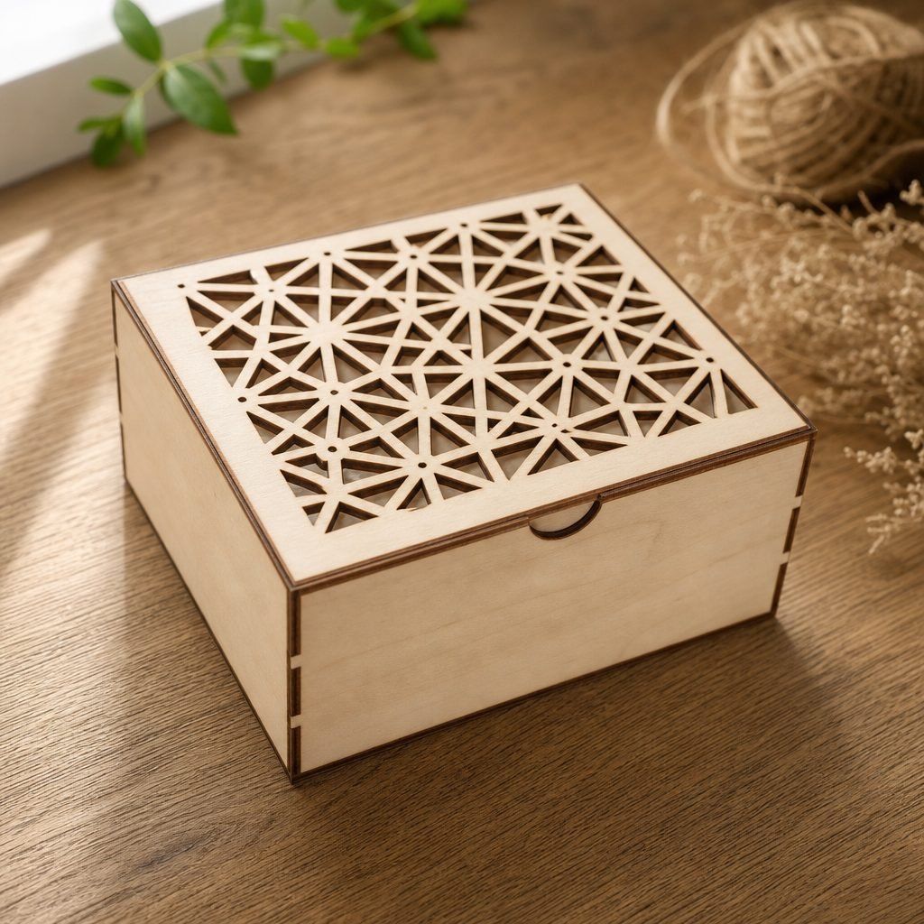 Assembled laser-cut wooden gift box with geometric lid